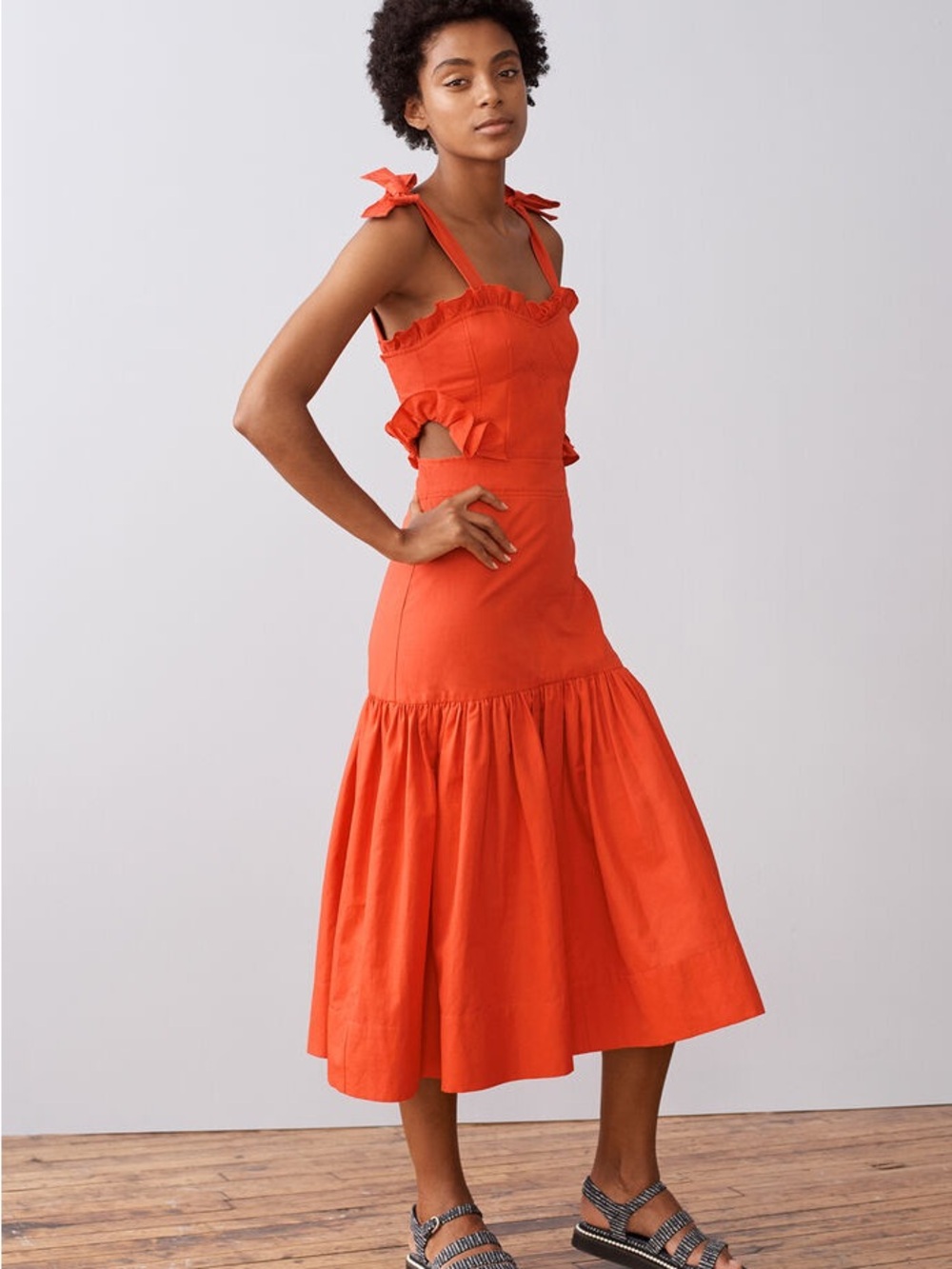 Rebecca Taylor Coral Midi Dress with Ruffle Bodice
